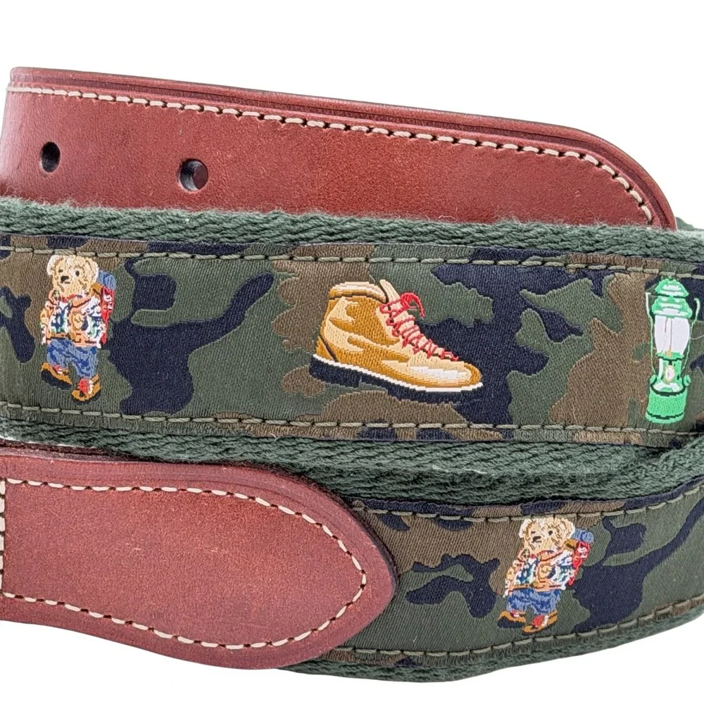 Polo Ralph Lauren Kids Camo Embroidered Hiking Polo Bear Canvas Leather Belt L